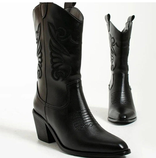 Women's Western Cowboy Embroidered Heeled Boots Black